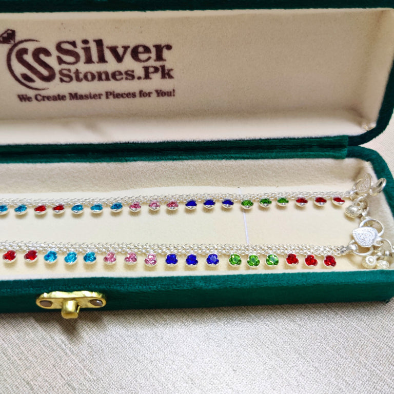 Silver Anklets With Multi Zircons