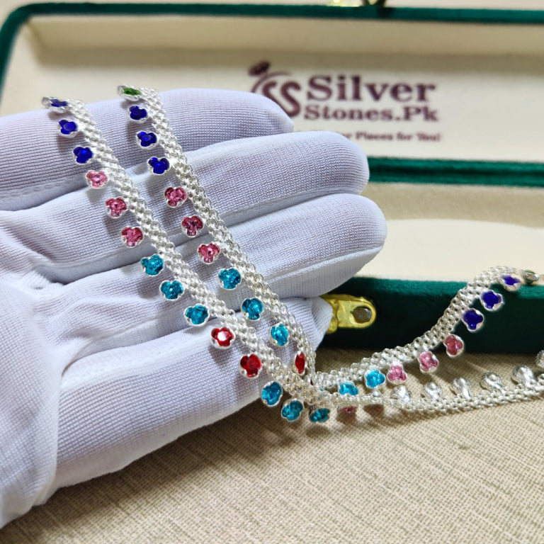 Silver Anklets With Multi Zircons