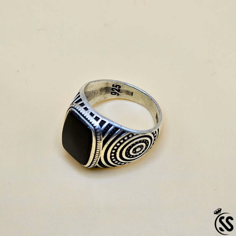 Vintage Turkish 925 sterling silver gents ring with black stone and intricate design, showcasing Ottoman heritage.