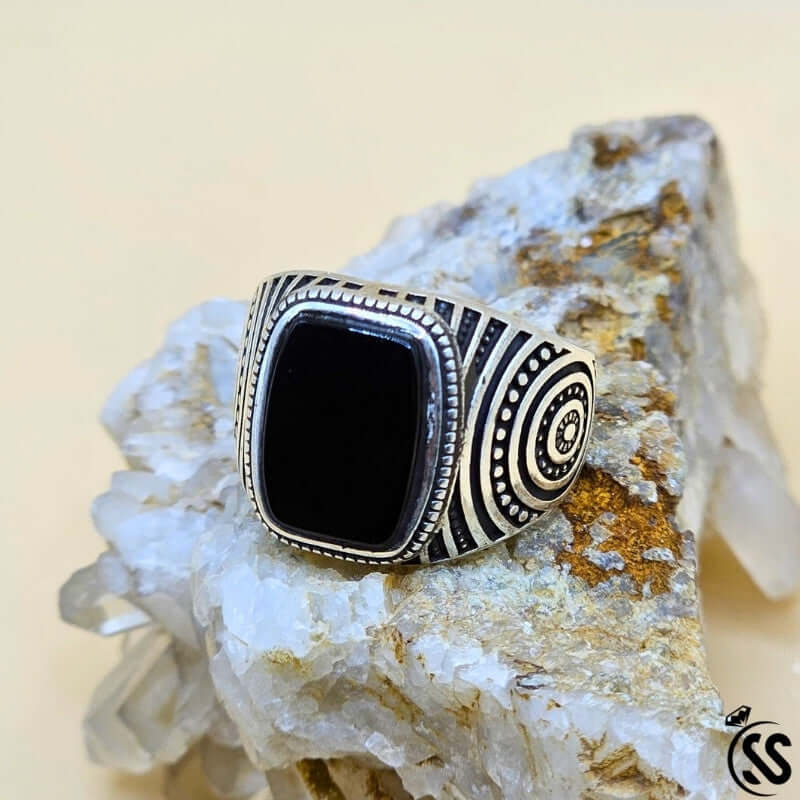 Vintage Turkish 925 sterling silver gents ring with black stone, showcasing intricate Ottoman-inspired design.