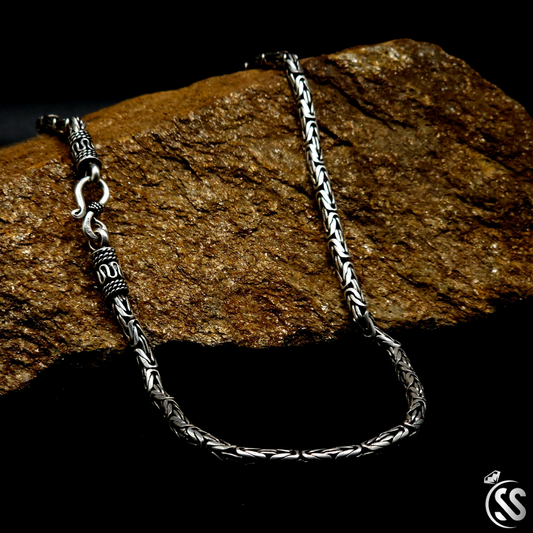Vintage style Turkish silver chain for men, 22 inches long, 4mm wide, featuring intricate design and antique finish.