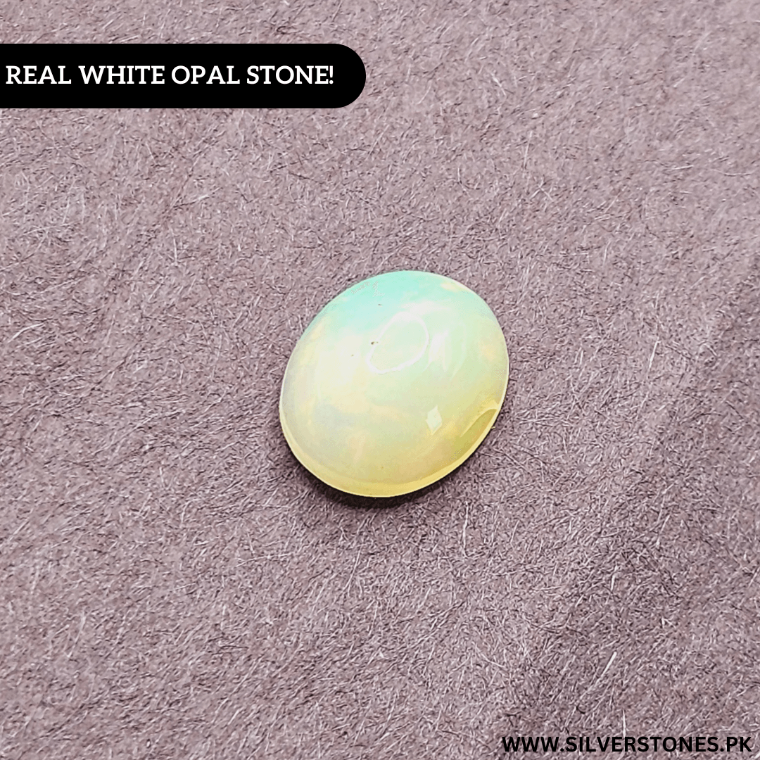 Real white Ethiopian opal gemstone in oval shape, showcasing captivating play-of-color and natural glow.