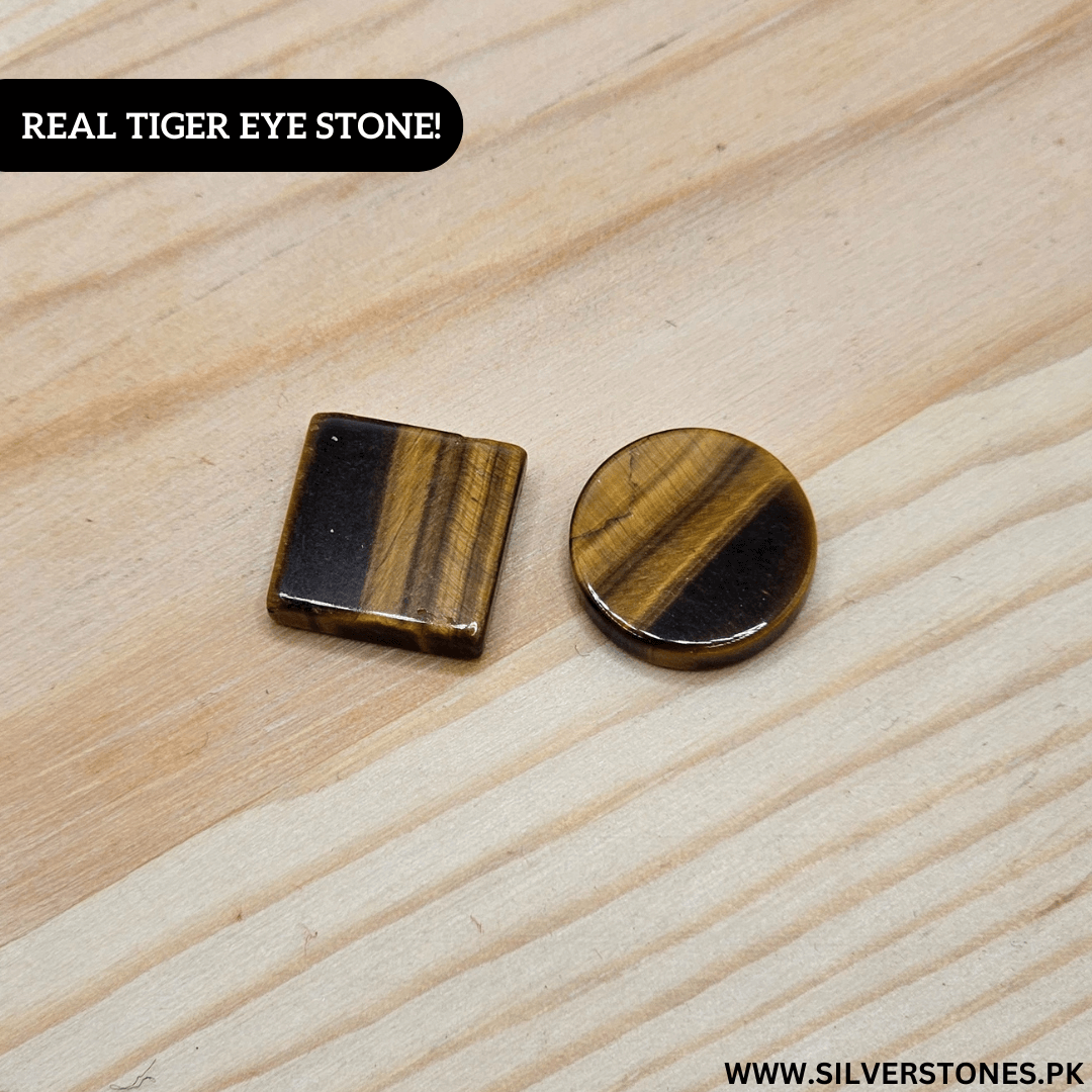 Real Tiger Eye Stone in square and round shapes, showcasing its natural golden and brown hues on a wooden surface.