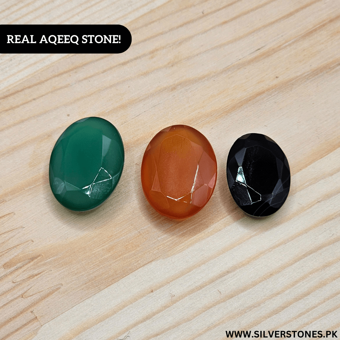 Authentic Yamni Aqeeq stones in green, orange, and black showcasing their captivating colors and natural beauty.