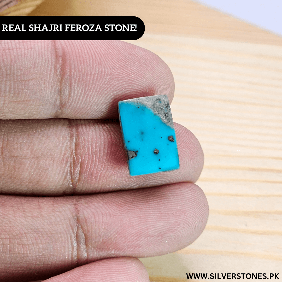 Real Shajri Irani Feroza stone in rectangle shape, showcasing its vibrant turquoise color and natural patterns.