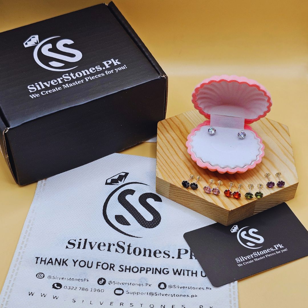 6 mm Zircon Chandi Ear Pins (Tops) - SilverStones.Pk