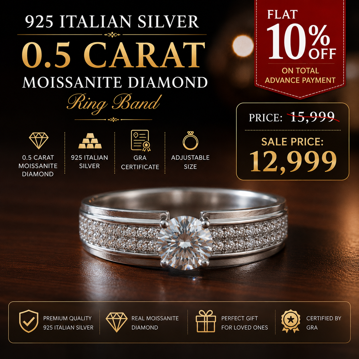 0.5 Carat Moissanite Diamond Silver Ring | 925 Sterling Silver