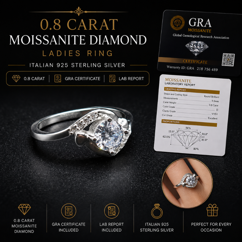 0.8 carat GRA certified moissanite diamond ladies ring in Italian 925 sterling silver