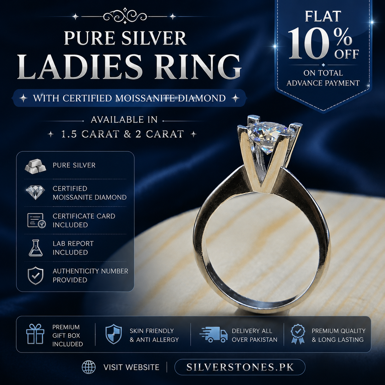 Ladies Moissanite Diamond Ring in Silver
