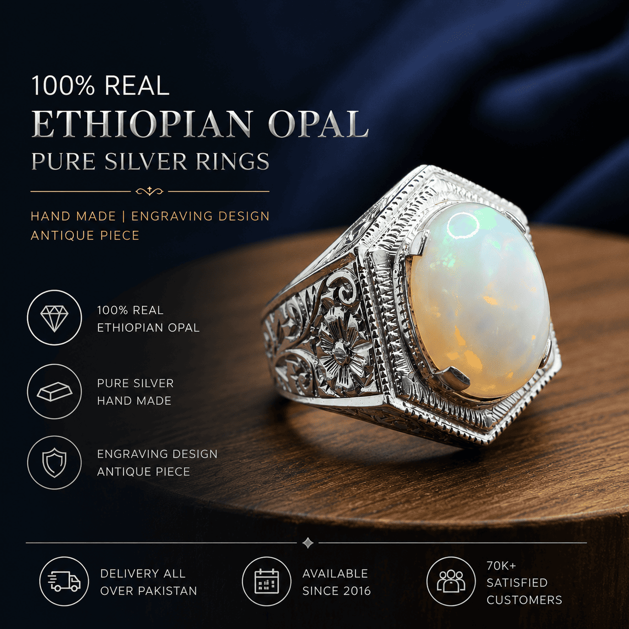 100% real Ethiopian opal pure silver ring featuring intricate handmade engraving design.