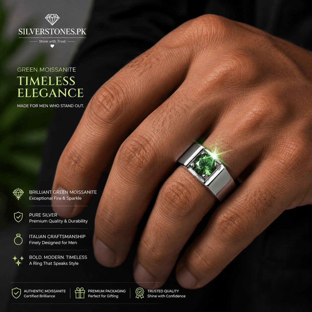 1 carat GRA certified green moissanite diamond ring with premium pure silver band and sparkling finish.