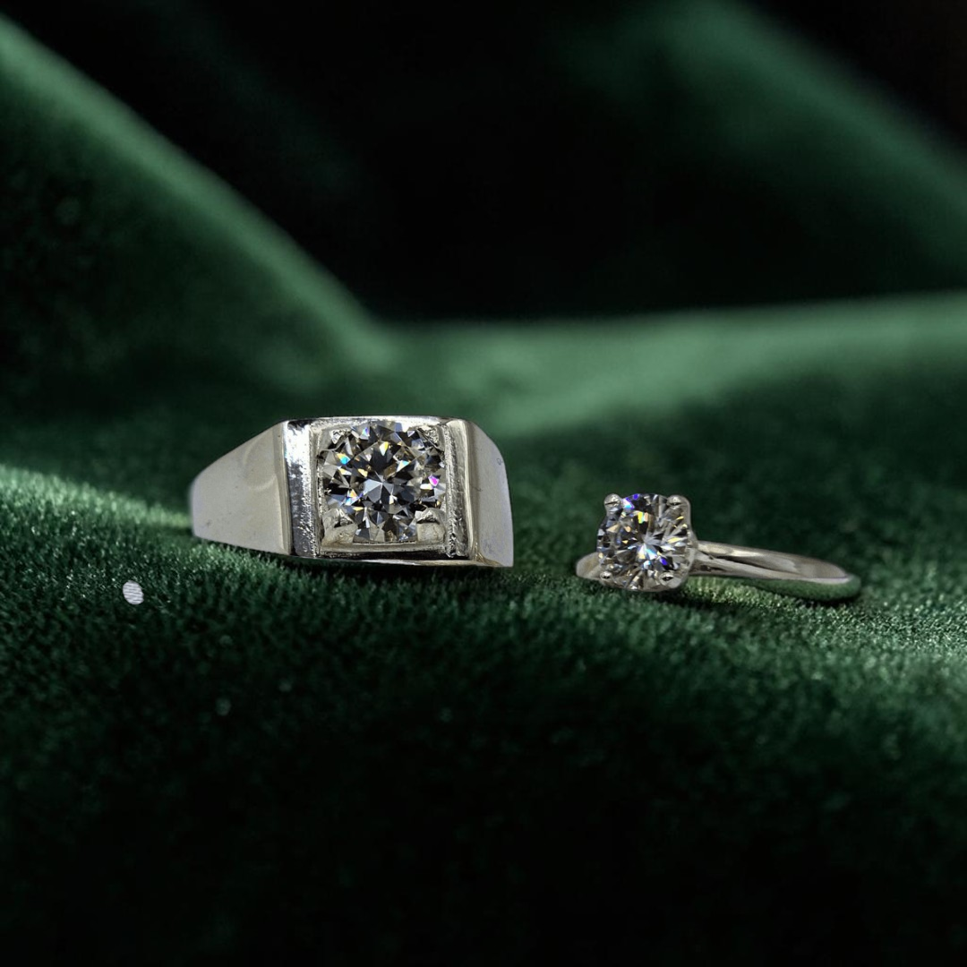 Silver Couple Rings with Moissanite Diamonds