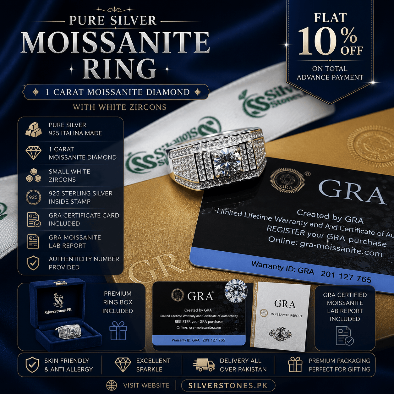1 Carat Moissanite diamond Silver Italian Ring