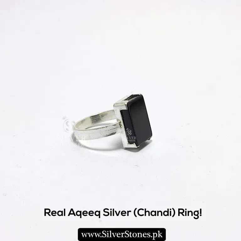 Real sqaure Aqeeq Silver (Chandi) Ring
