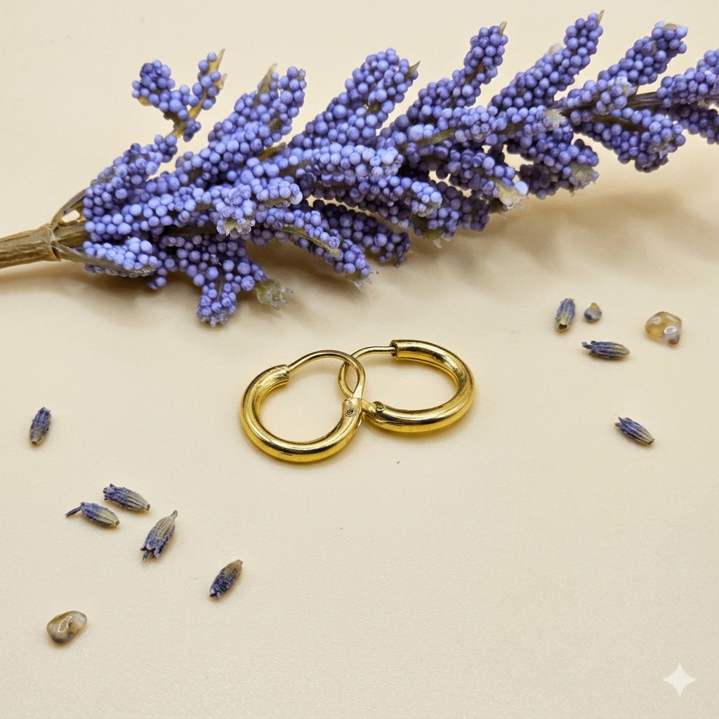 24K gold plated pure silver 15mm hoop earrings pair flat lay women Silverstones Pakistan