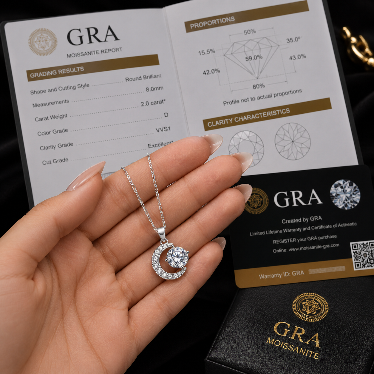 2 Carat Moon Style Certified Moissanite Diamond Pendant with 1mm Italian Figaro Chain in Italian 925 Sterling Silver.