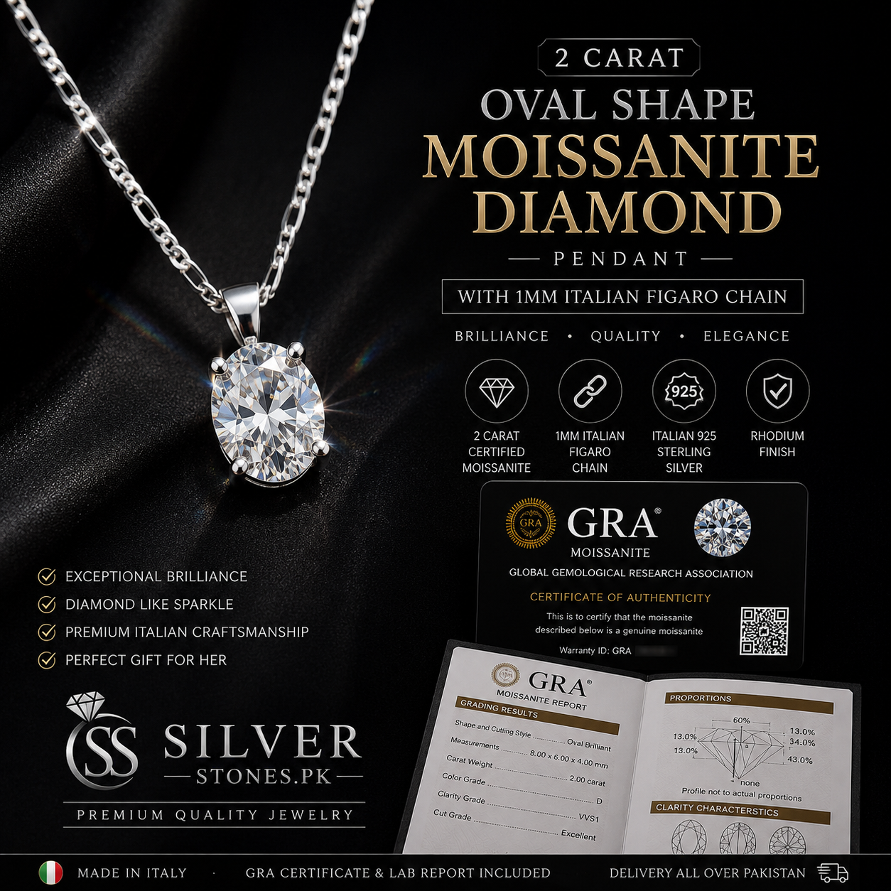 2 Carat Oval Shape Certified Moissanite Diamond Pendant with 1mm Italian Figaro Chain in Italian 925 Sterling Silver.