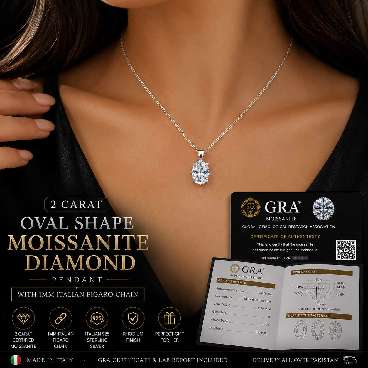 2 Carat Oval Shape Moissanite Pendant