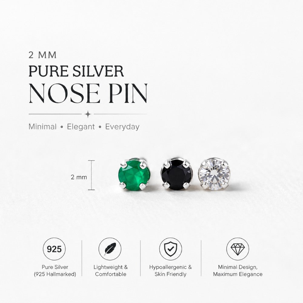 2mm Pure Silver Nose Ring Stud – Lightweight Chandi Nose Pin with Sparkling Zircon