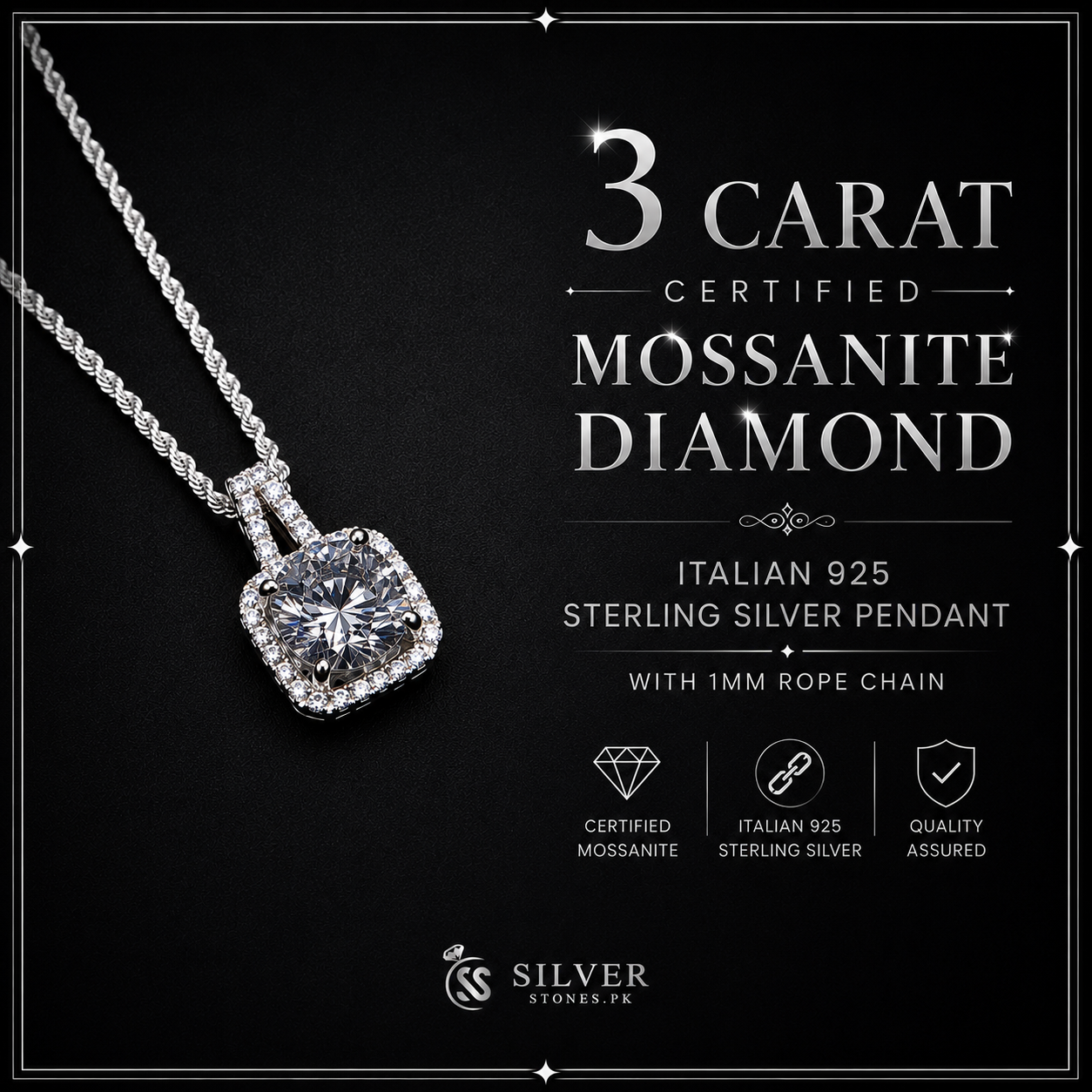 3 Carat Certified Moissanite Diamond Pendant in Italian 925 Sterling Silver with 1mm Rope Chain