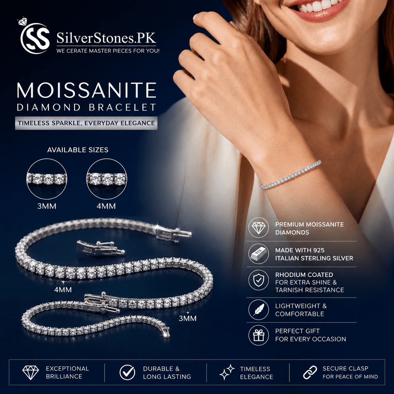 3mm and 4mm moissanite diamond tennis bracelet in 925 Italian sterling silver with rhodium coating for women.
