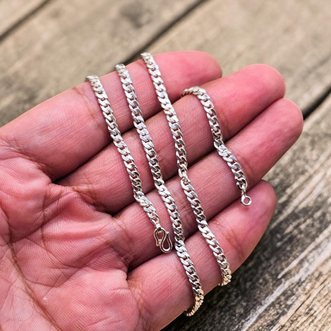 3mm pure silver Cuban link chain flat lay authentic sterling silver jewelry Pakistan
