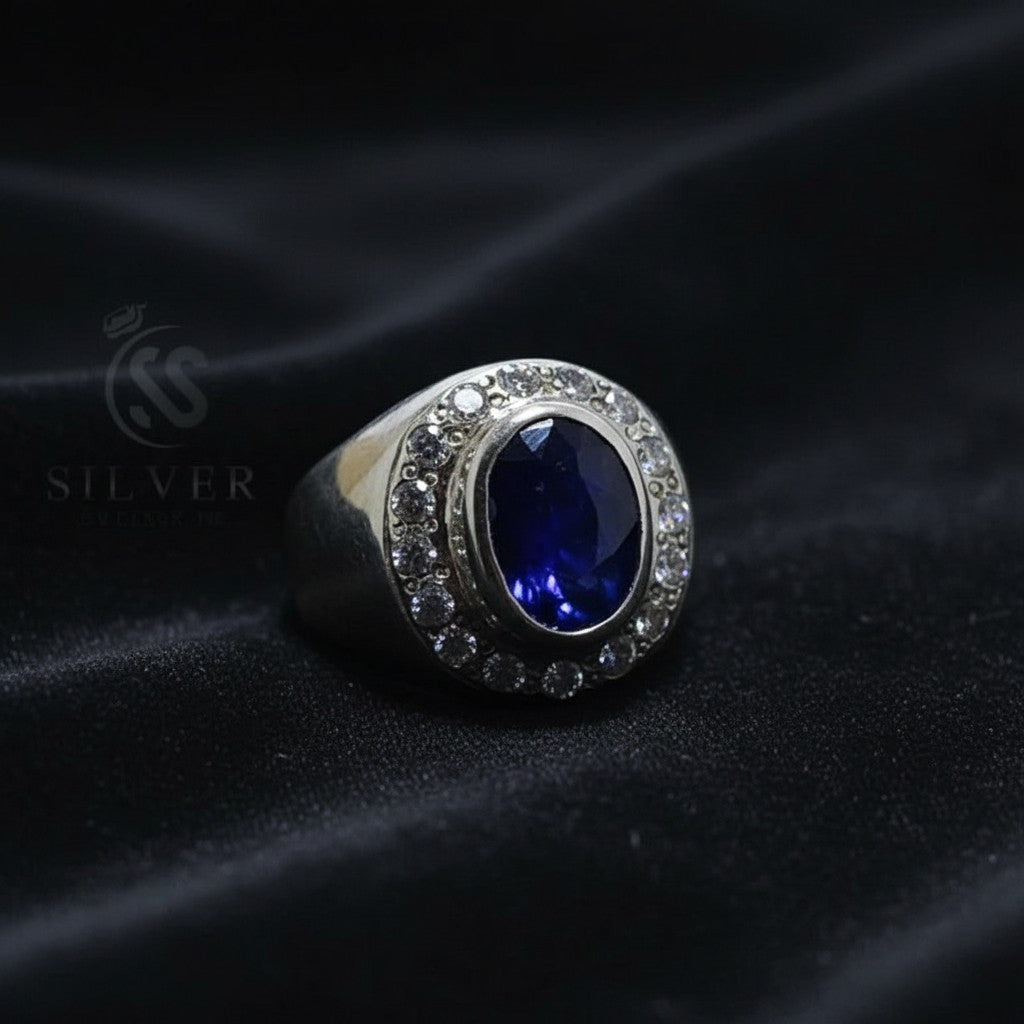 6-7 carat African blue sapphire face up white zircon halo handmade gents ring Silverstones Pakistan