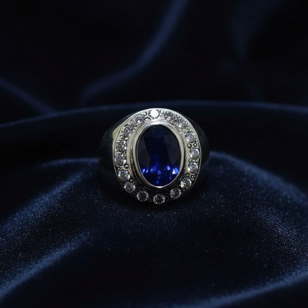 7 carat oval African blue sapphire close up natural Neelam stone white zircon ring Pakistan