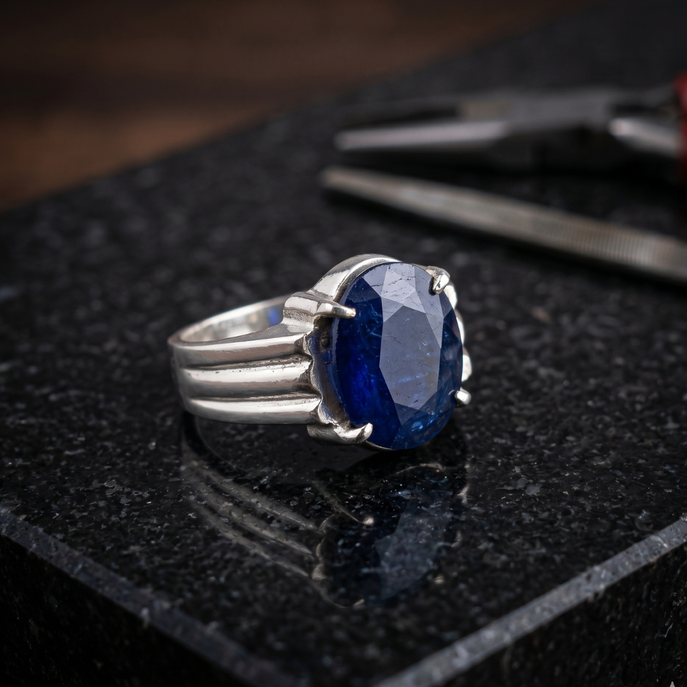 7 carat African blue sapphire ring men pure silver oval Neelam stone Silverstones.pk Pakistan