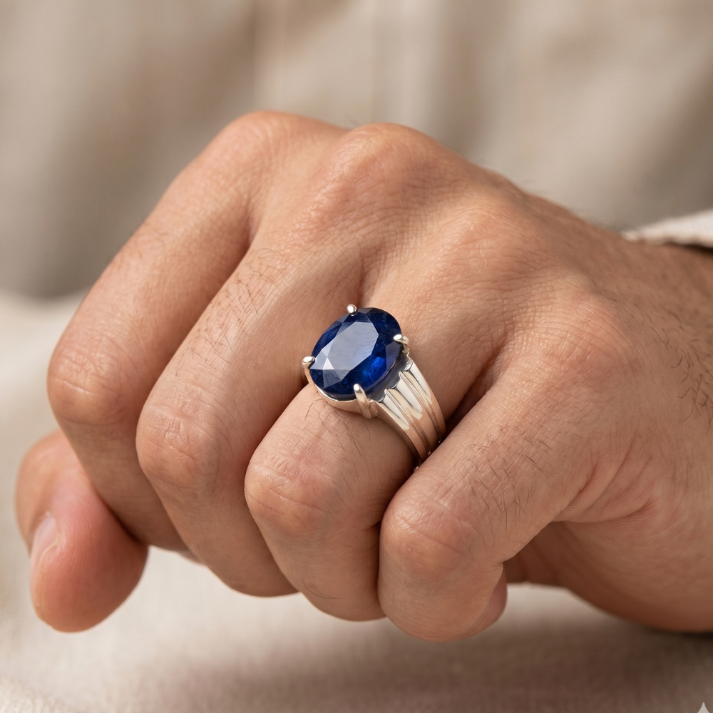 7 carat oval African blue sapphire close up natural Neelam stone pure silver ring Pakistan