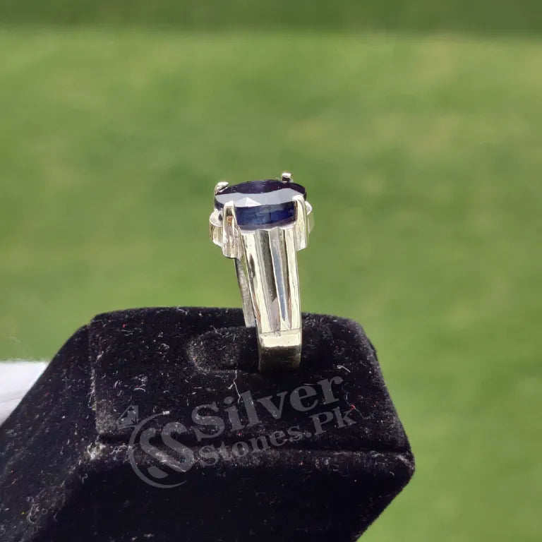 7 carat oval African blue sapphire face up deep blue Neelam ring men Silverstones Pakistan