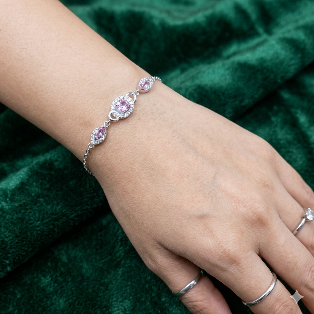 925 Italian Sterling Silver Ladies Bracelet with Pink Zircon Stones