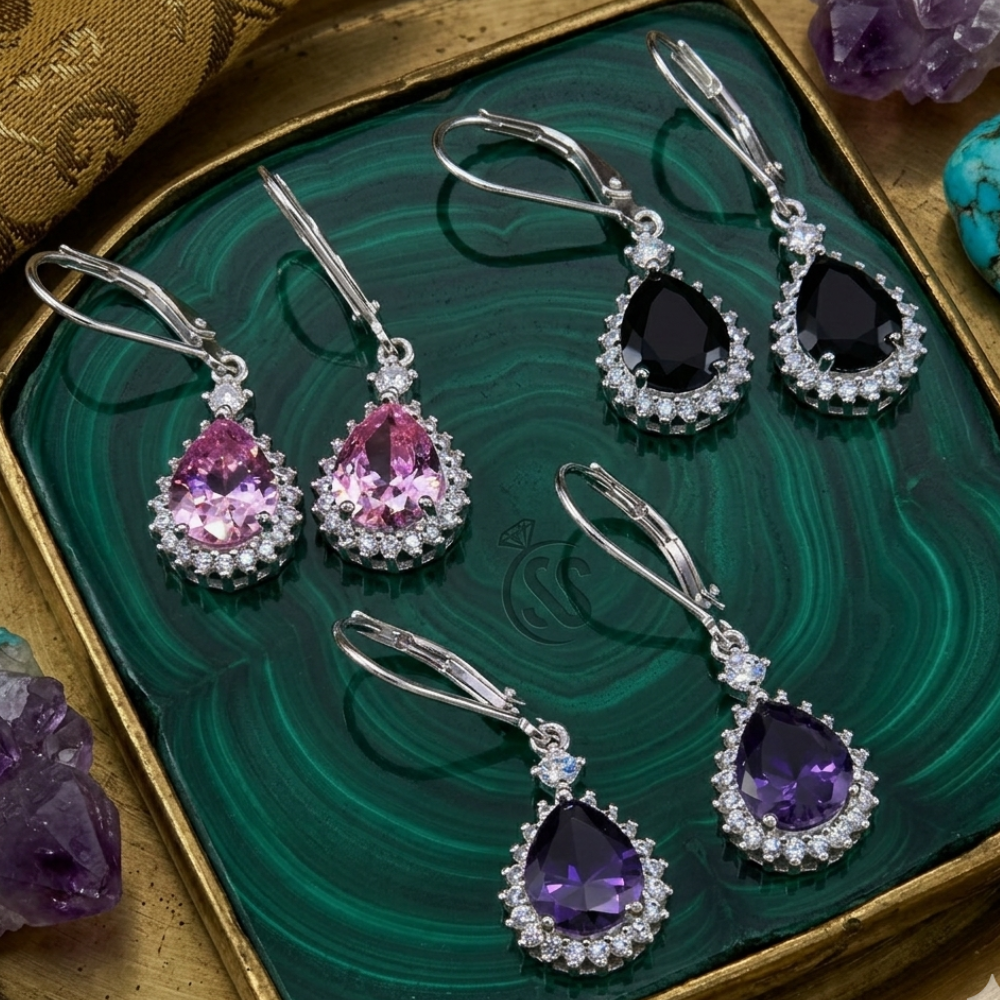 925 Italian silver drop dangle earrings black pink purple zircon women Silverstones.pk Pakistan