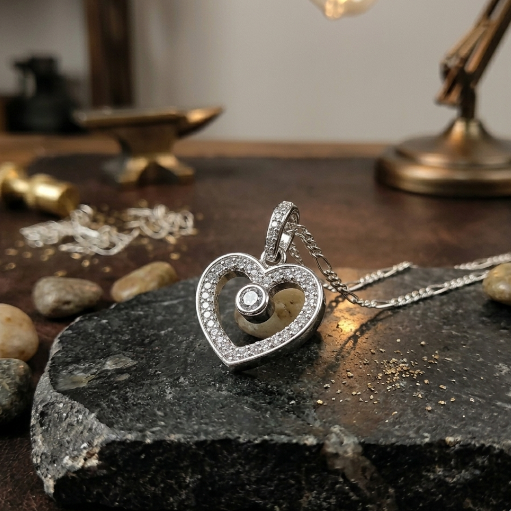 925 Italian silver heart pendant white zircon figaro chain 22 inch girls Silverstones.pk Pakistan
