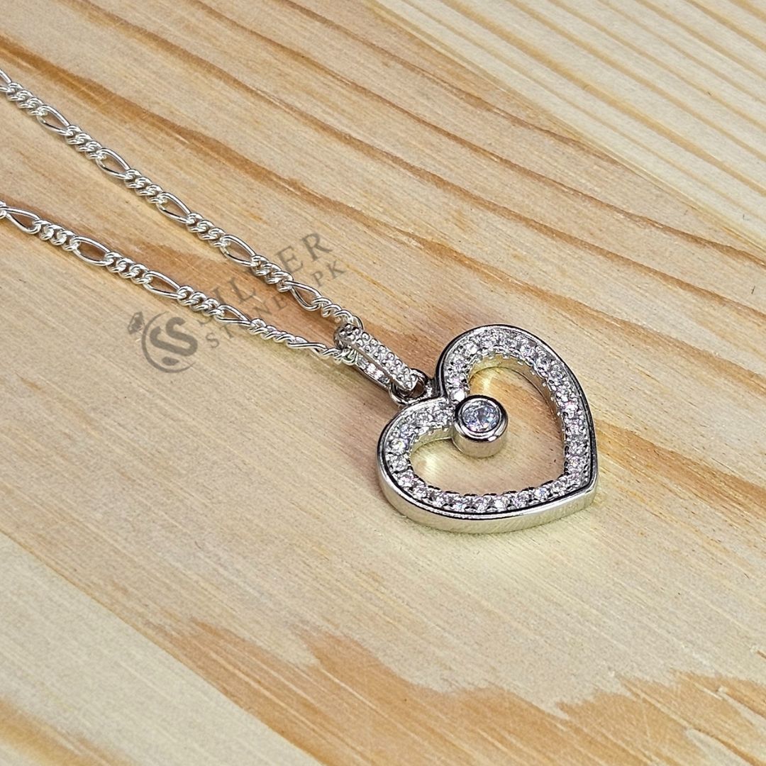 925 Italian silver heart zircon pendant figaro chain 22 inch flat lay girls Silverstones Pakistan
