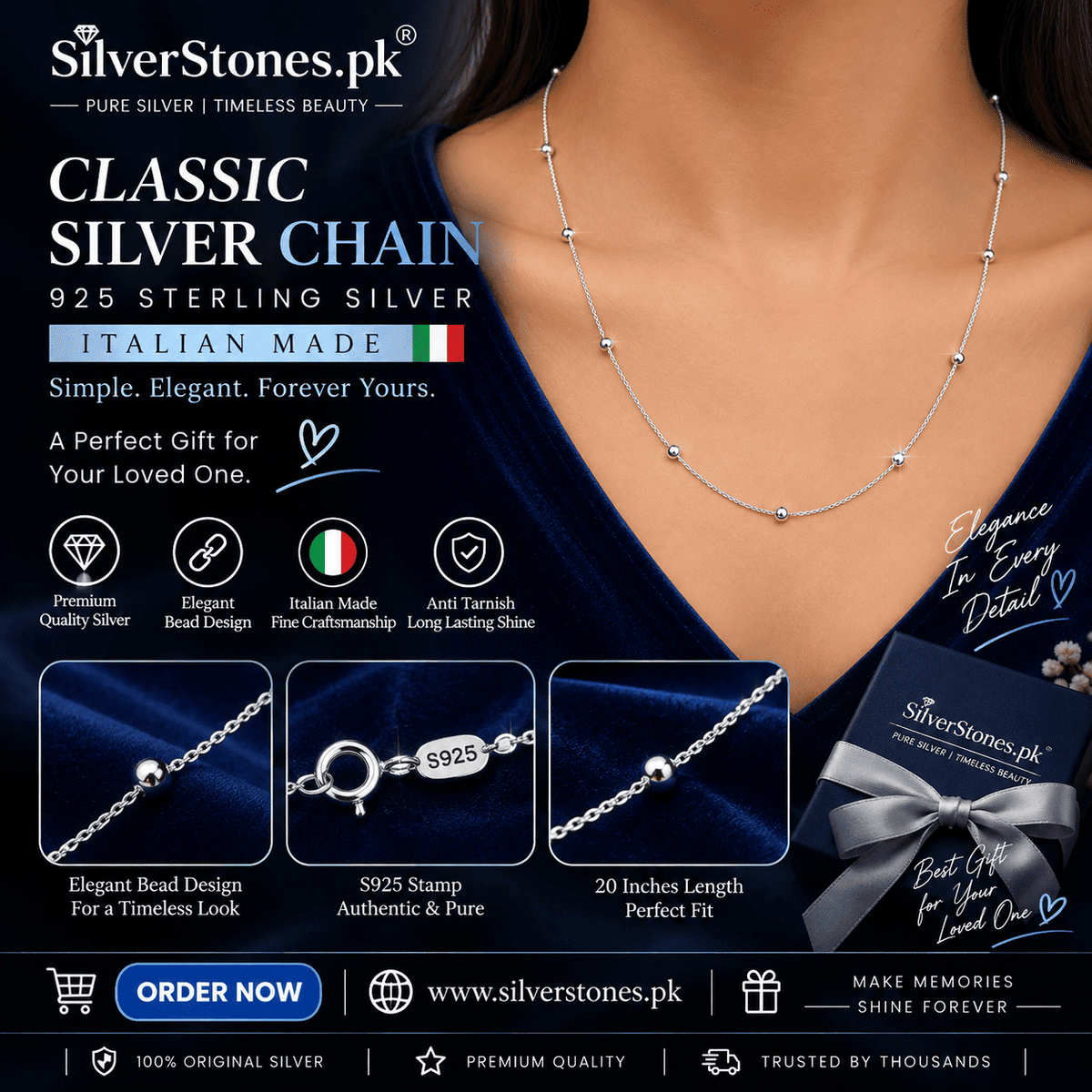 925 Sterling Silver Ladies Chain – Elegant Beaded Silver Necklace
