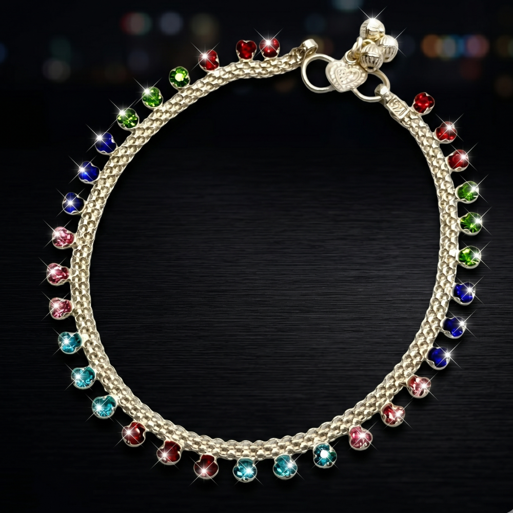 Silver Anklets With Multi Zircons