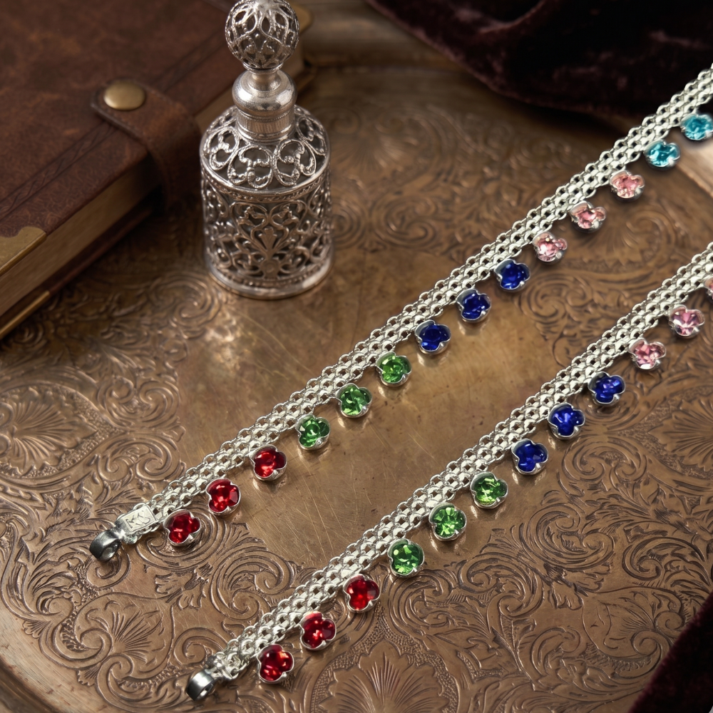 Silver Anklets With Multi Zircons