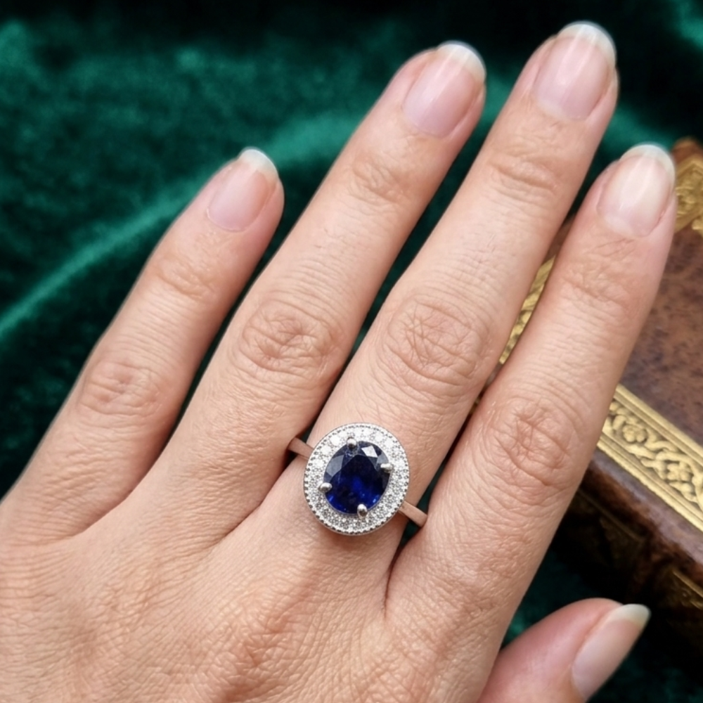Real Blue Sapphire Stone 925 Italian Silver Ring for Ladies