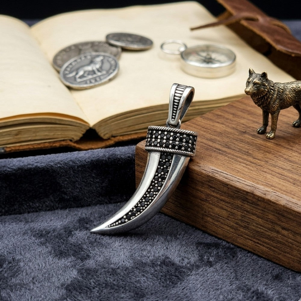 925 sterling silver Turkish sword Kilij pendant flat lay — black zircon oxidised black polish Pakistan