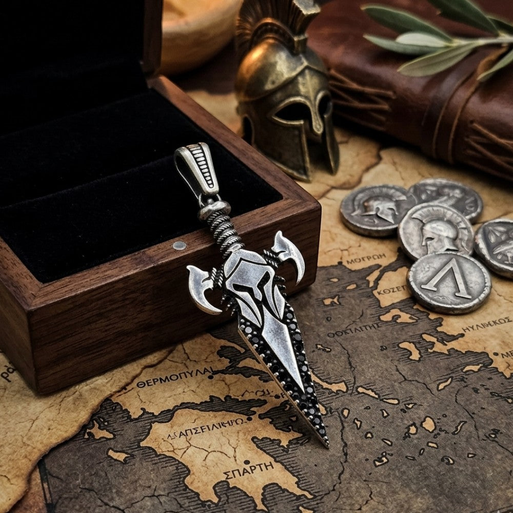 925 sterling silver Turkish sword pendant for men — black zircon oxidised black polish Ottoman style