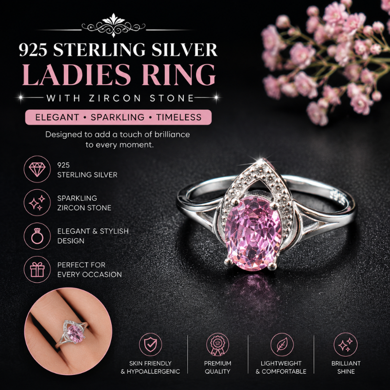 925 sterling silver ladies ring with pink oval gemstone on blue velvet