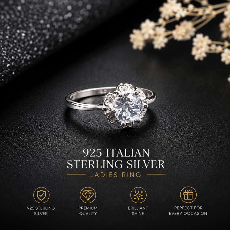 925 sterling silver ladies ring with sparkling white zircon stones