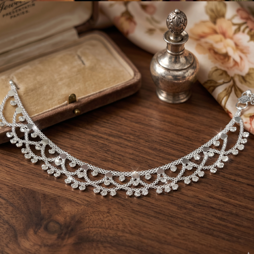 Silver Anklets with Shining Zircon Stones | 48 Grams Pair | Chandi Payal