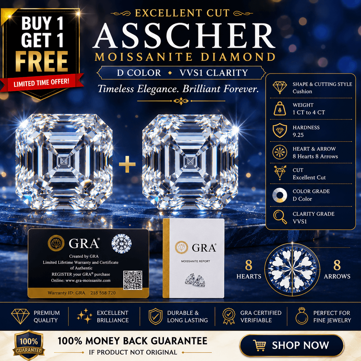 Asscher Cut Moissanite Loose Diamond With Certificate