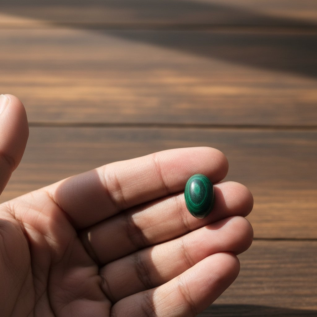 SilverStones.Pk oval malachite gemstone with striking green banded patterns, ideal for jewelry making.