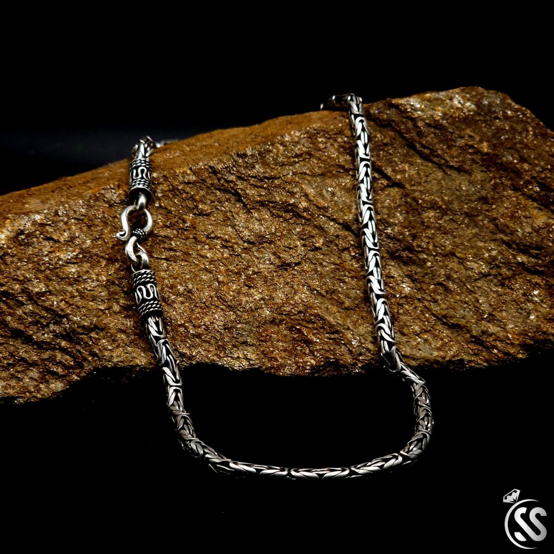 Vintage Turkish silver 925 chain necklace for men, 22 inches, 4mm width, featuring intricate designs and an antique finish.