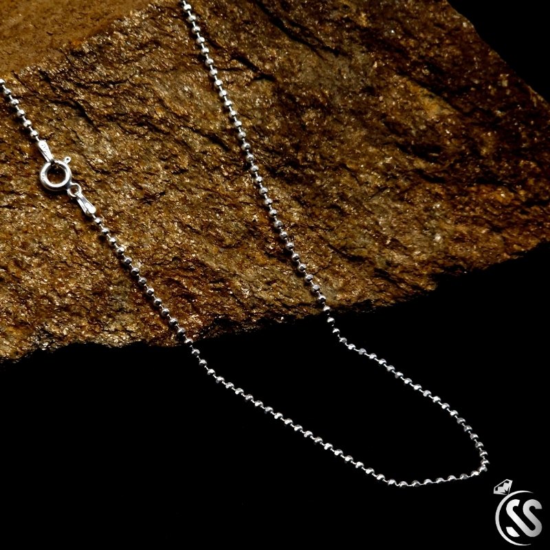 Italian Silver Sterling 925 ladies ball chain, 2mm width, 22 inches long, polished finish on a textured surface.
