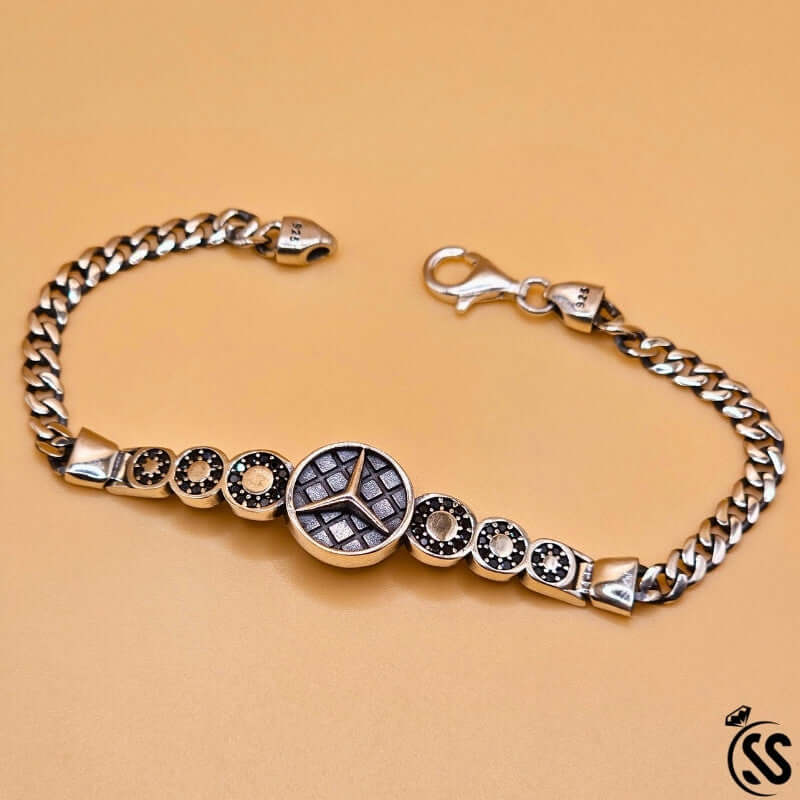Turkish Silver 925 gents bracelet in Mercedes logo style with black zircons, showcasing modern elegance and strength.