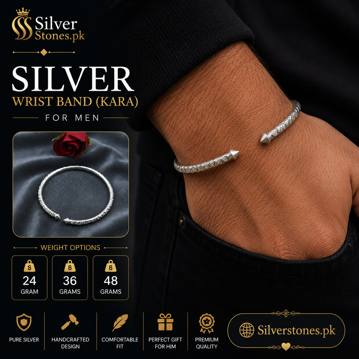 Silver wrist band , kara chandi for mens in pakistan 